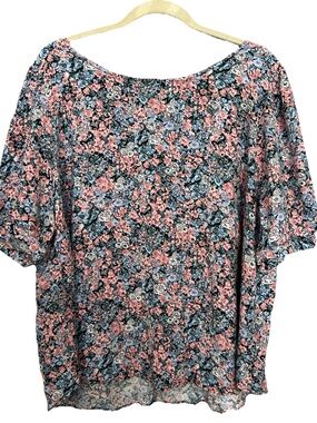 Angels Women’s 3X  Blue Pink Floral Short Sleeve Tie Back Rayon Scoop Neck Top